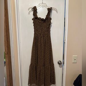 VICI Smocked Square-Neck Maxi Dress in Brown Plaid